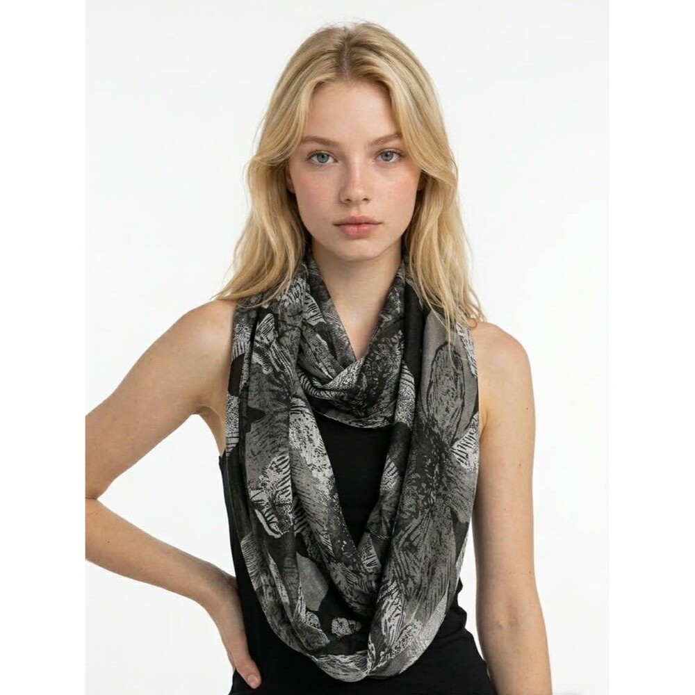 Black and Grey Abstract Floral Print Infinity Loop Scarf - Picture 4 of 11
